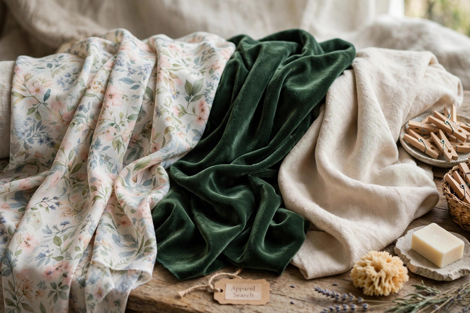 Rayon fabrics in several forms — a fluid printed dress fabric, velvet and a cotton-like weave — draped together on a table, no people