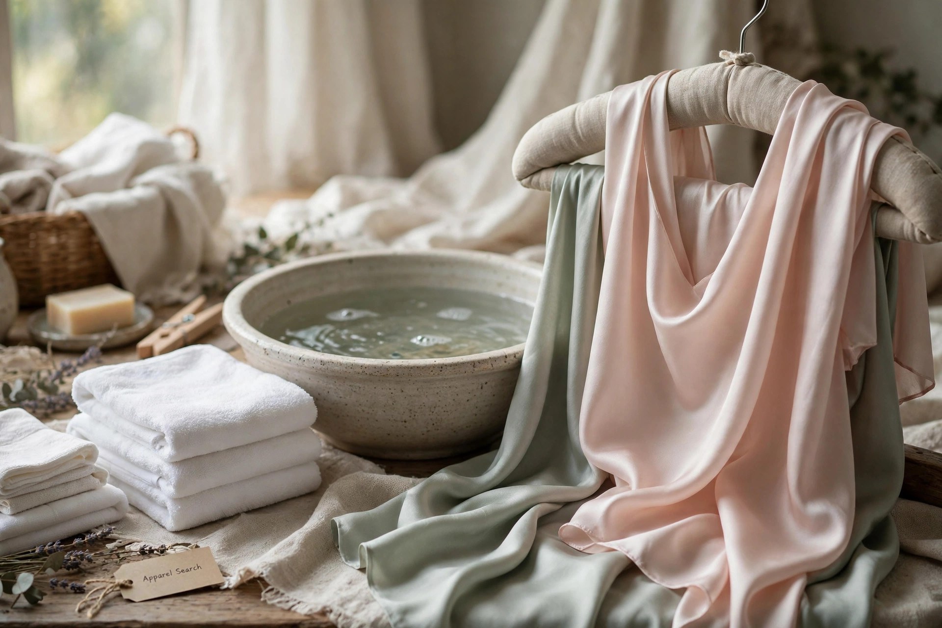 Delicate silk garments in soft colors draped over a padded hanger beside a basin and folded white towels, no people