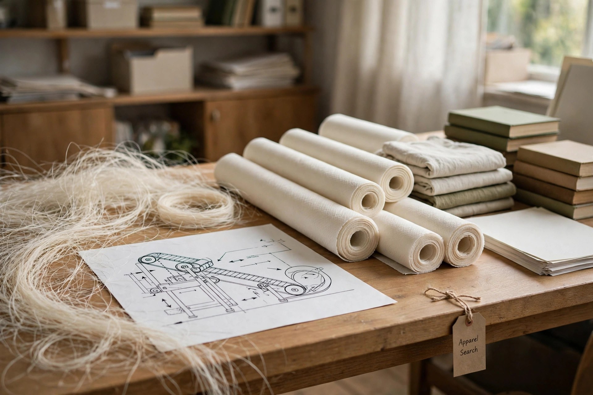 Continuous filament strands, a collecting belt diagram and spunbond fabric rolls on a research desk, no people
