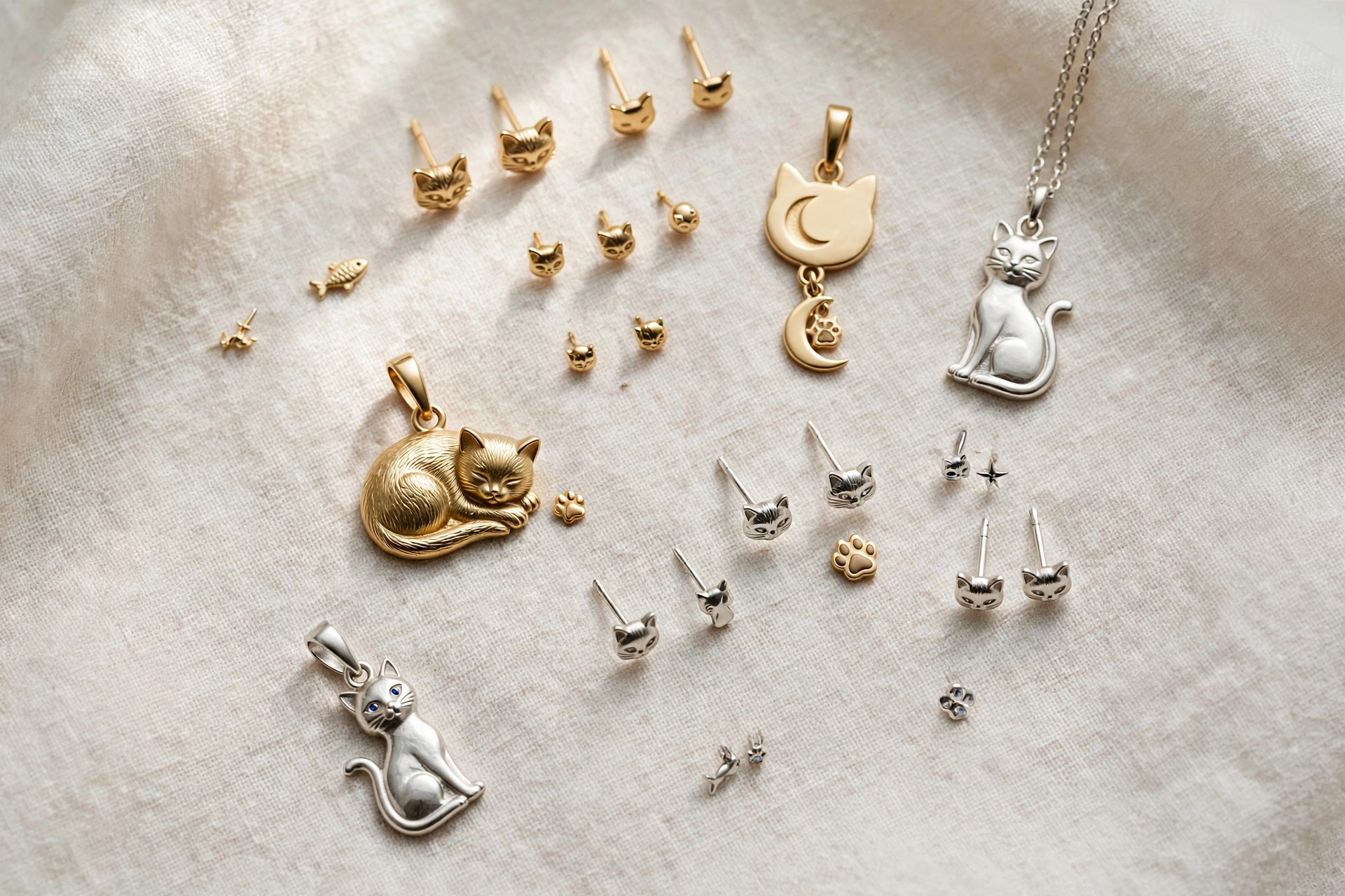 Cat design jewelry with small gold and silver cat pendants, charms and stud earrings on pale linen