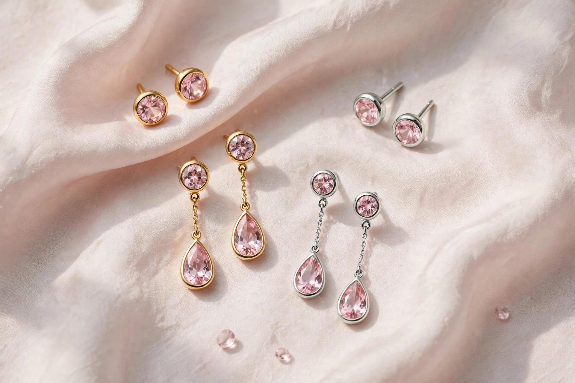 Pink topaz earrings with soft pink gemstone studs and drops in gold and silver settings on pale silk