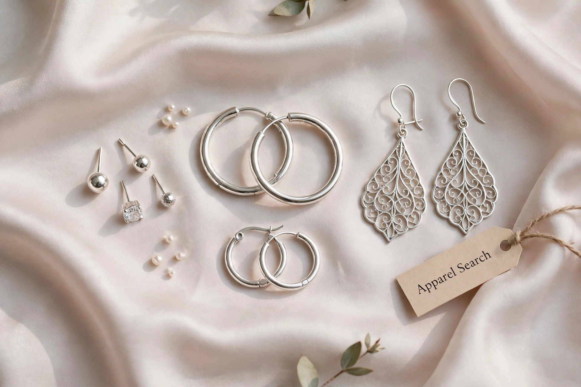 Sterling silver earrings with classic 925 sterling silver studs, hoops and filigree drop earrings on pale silk