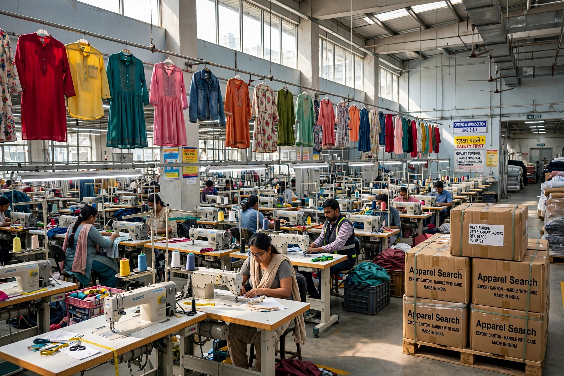 Garment factory in India with rows of sewing workstations, rails of colourful clothing and export cartons