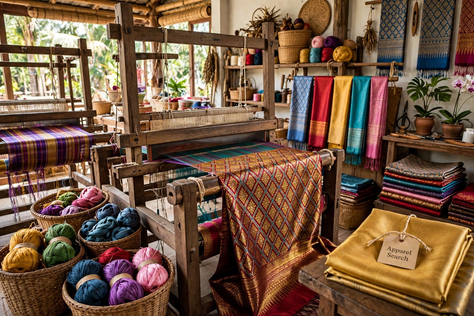 Traditional Thai silk weaving workshop with wooden looms, colorful silk yarns and finished silk fabrics, with an Apparel Search tag on folded silk