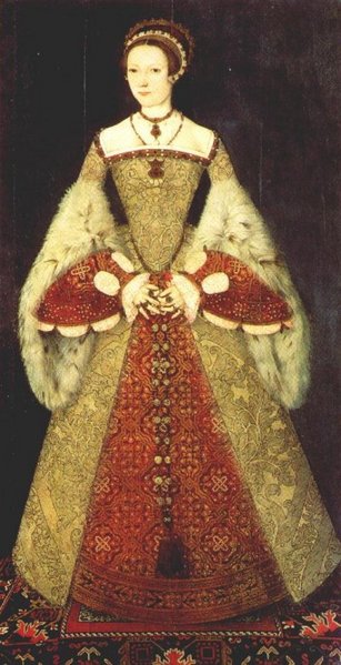 Tudor gown showing the line of the spanish farthingale. Picture traditionally described as Jane Grey but possibly Catherine Parr, 1545