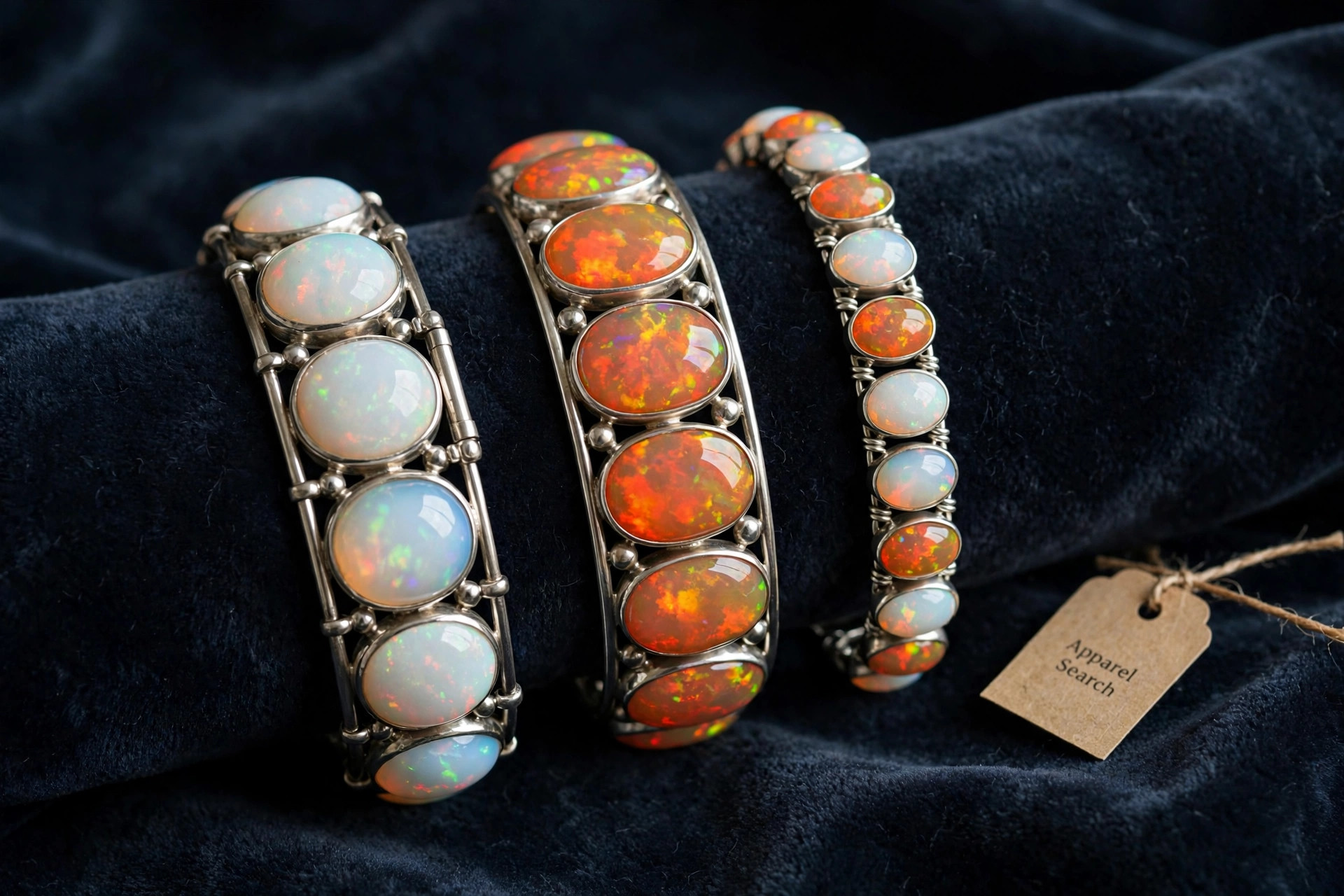 Opal bracelets with milky white and fire opals showing play of color in silver settings on dark velvet