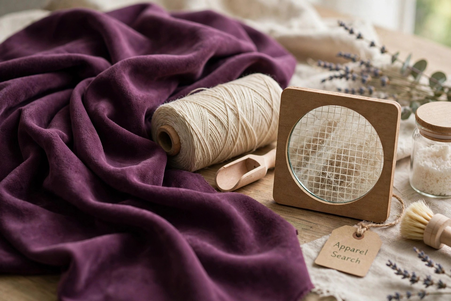 Luxuriously draped microfiber fabric in deep plum beside a spool of very fine yarn and a magnifying view card of fibers, no people