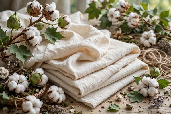 Organic cotton fabric and cotton plants representing GOTS certification