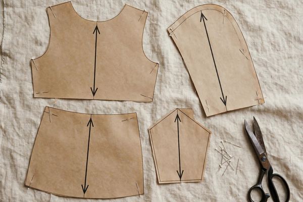 Pattern pieces with grainline arrows on fabric