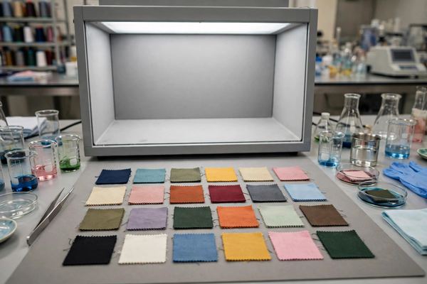 Small fabric swatches in dye colors being compared under professional lighting