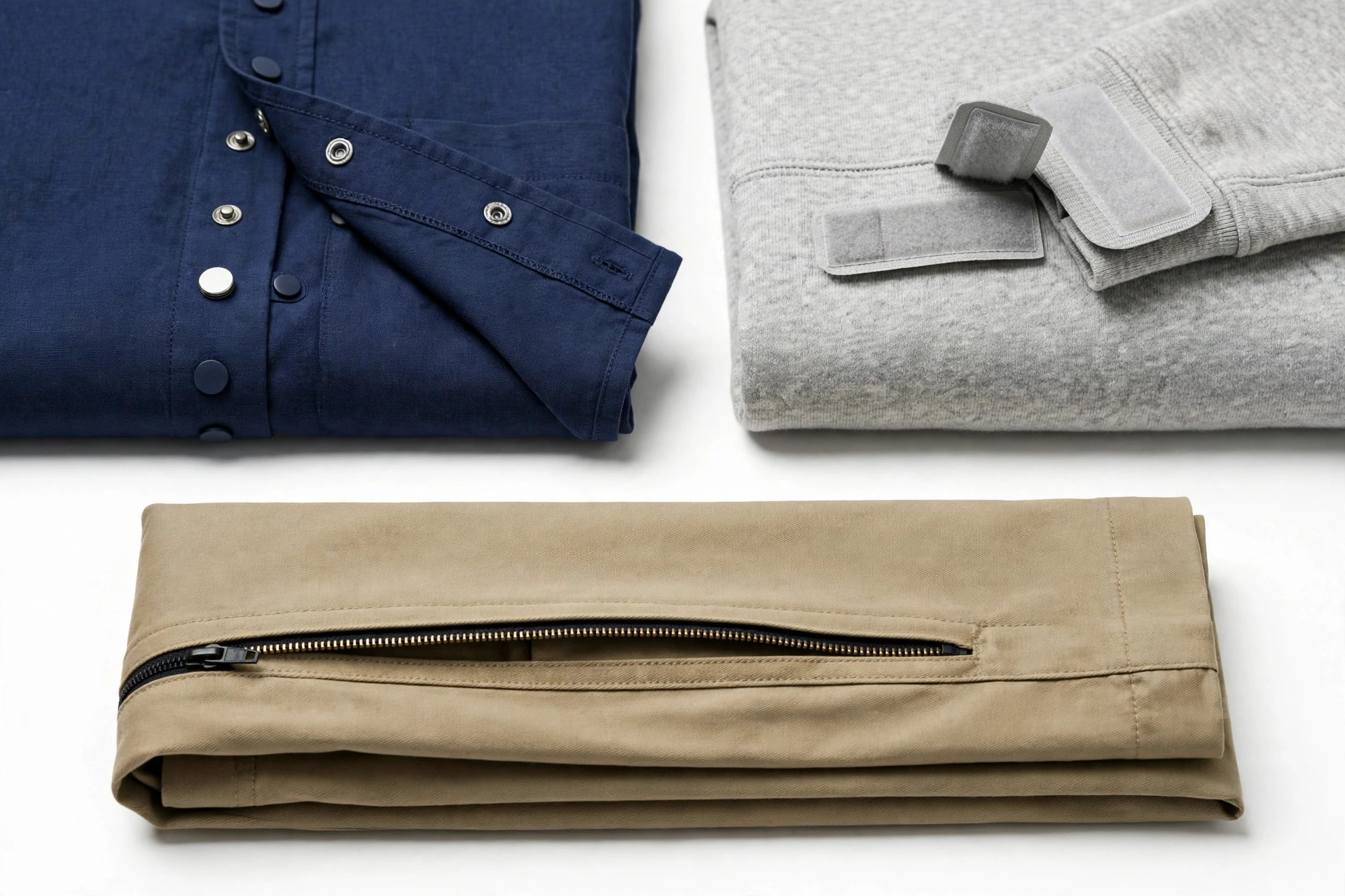 Close-up of adaptive clothing details including magnetic shirt closures, hook-and-loop fasteners, a trouser side zip and flat tagless seams on folded garments, product photography with no people