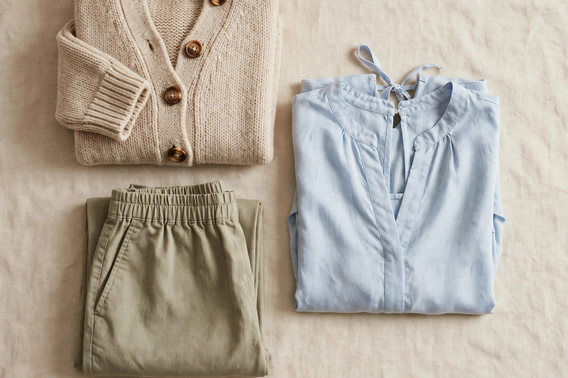 Flat lay of easy-dressing clothing for older adults including a soft cardigan with large buttons, elastic-waist trousers and a blouse with a back opening, neatly folded with no people