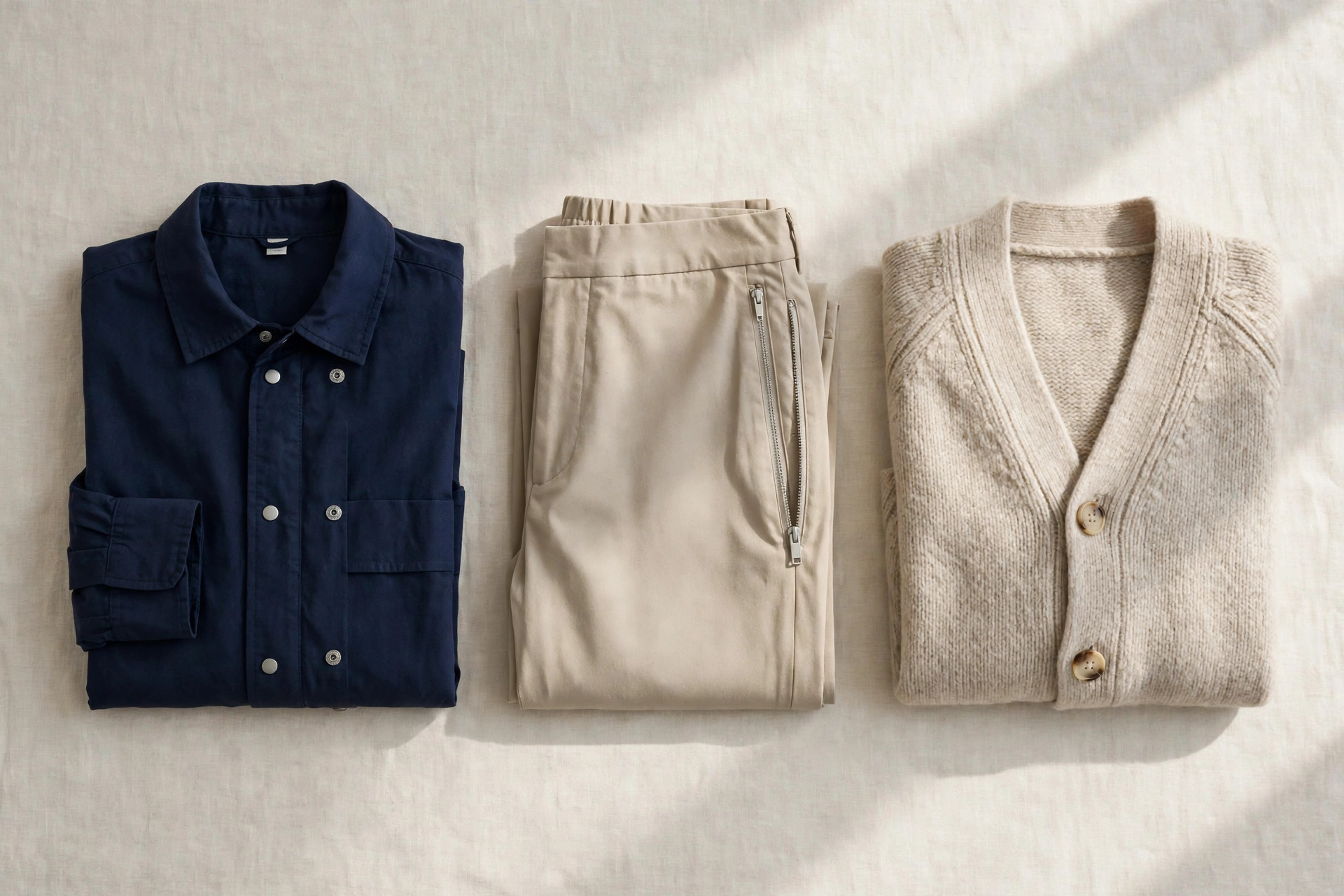 Flat lay of folded adaptive clothing including a navy shirt with magnetic closures, side-zip trousers and a cardigan with easy fasteners on a clean background, product photography with no people