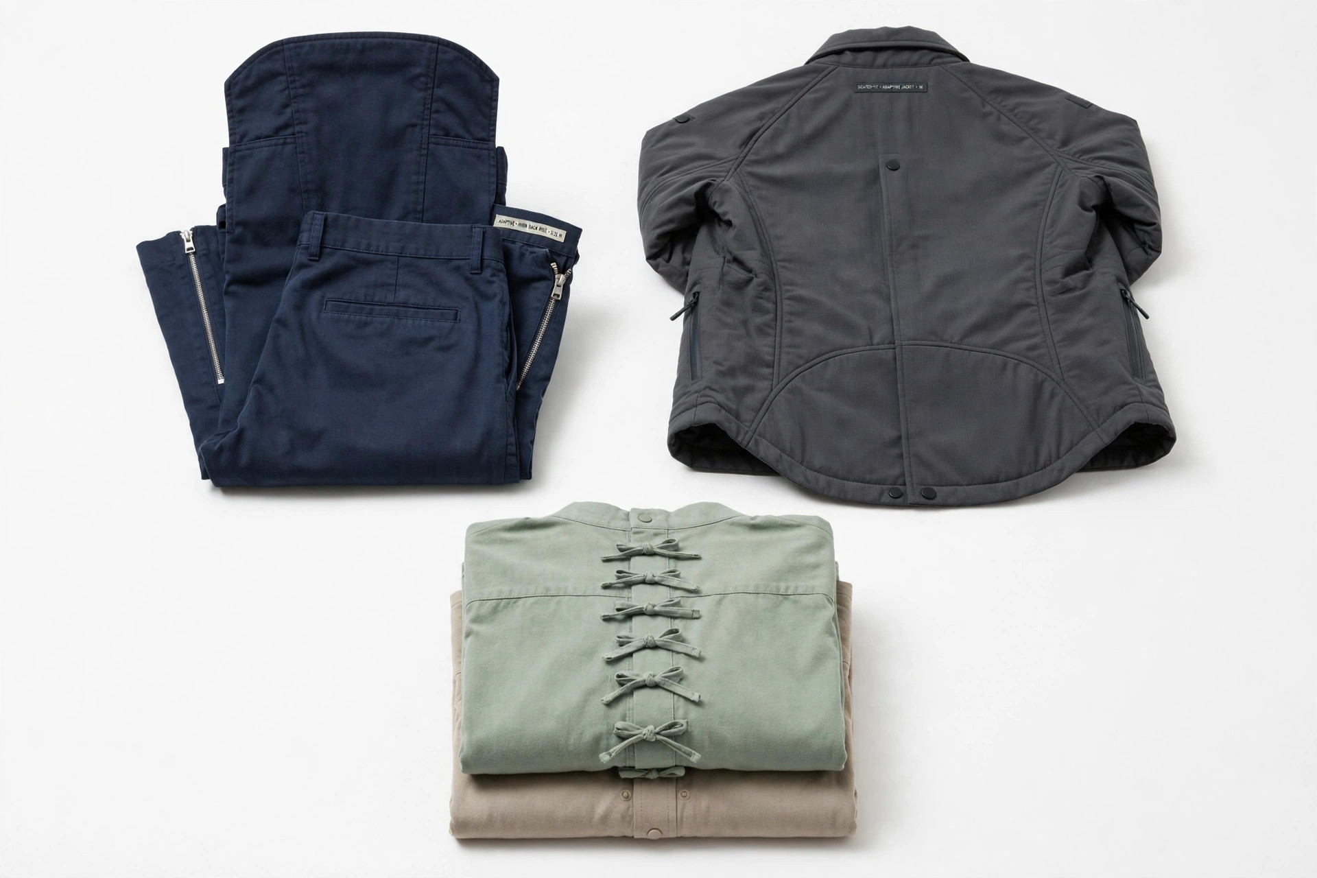 Flat lay of seated-fit adaptive clothing including trousers with a higher back rise and side zips, a jacket cut for seated wear and folded shirts with back closures, with no people