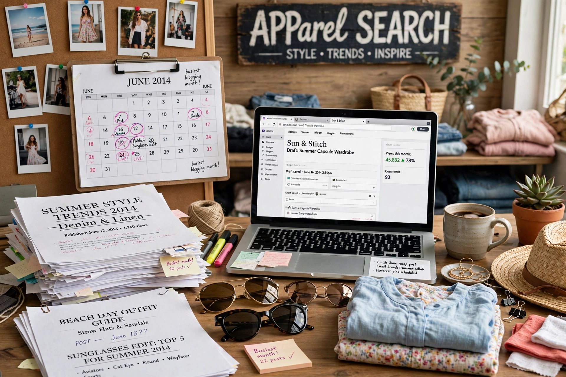 A fashion blog titles desk for June 2014 with printed blog post title pages, seasonal clothing and a June 2014 calendar, with Apparel Search wording in the scene