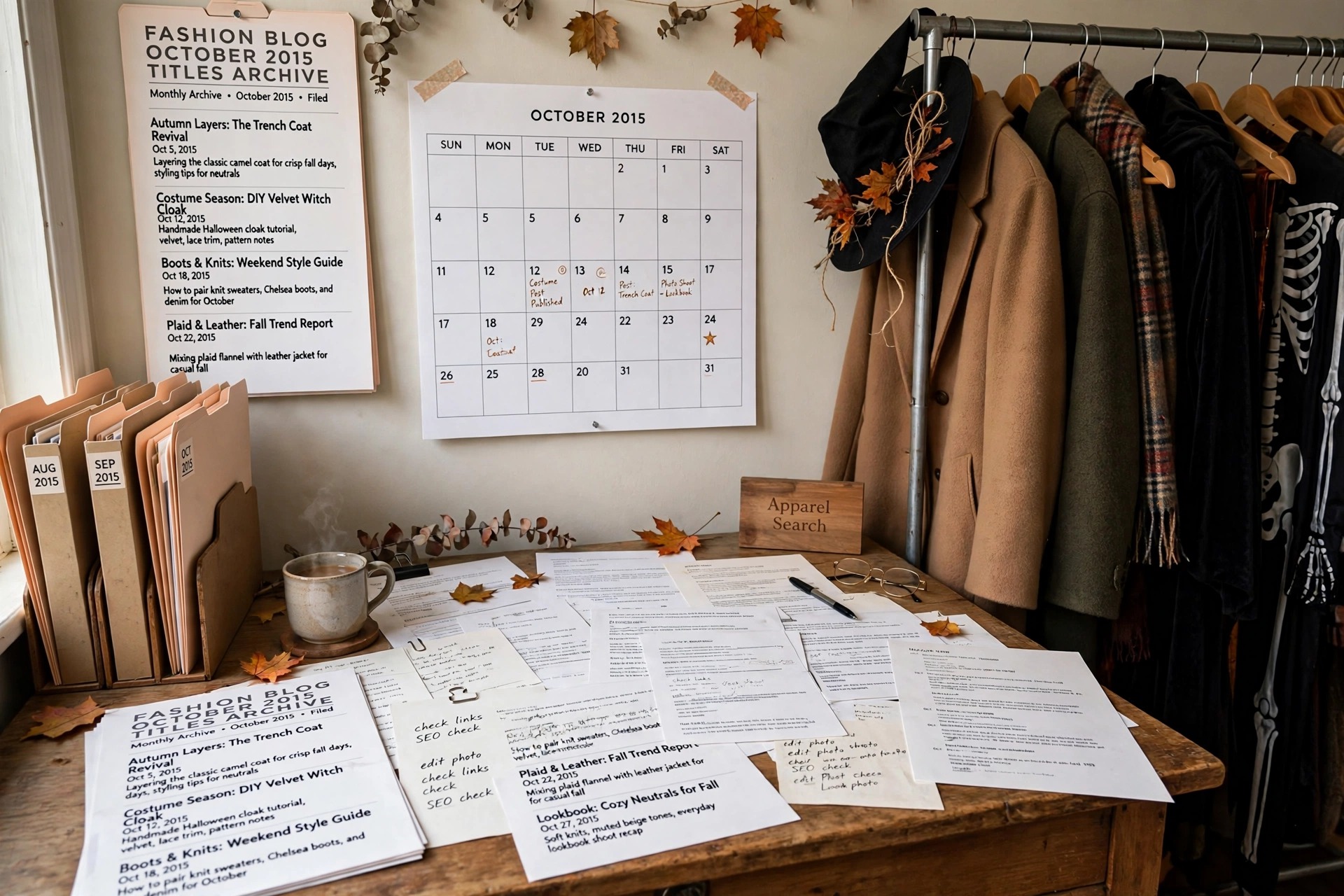 A fashion blog titles desk for October 2015 with printed blog post title pages, seasonal clothing and a October 2015 calendar, with Apparel Search wording in the scene