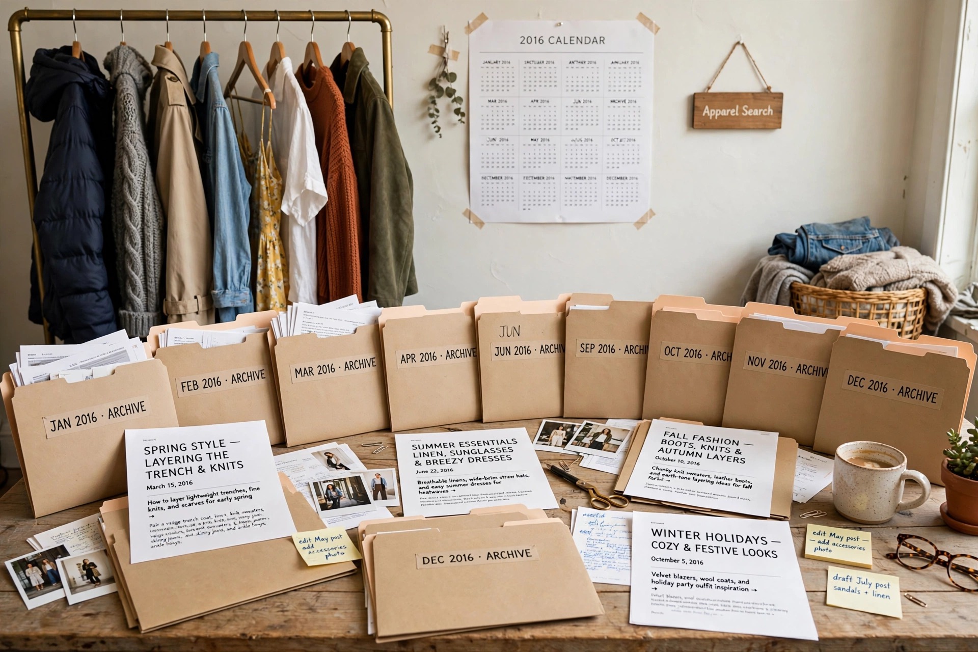 A fashion blog titles archive desk for 2016 with printed blog post title pages, monthly folders, seasonal clothing and a 2016 calendar, with Apparel Search wording in the scene