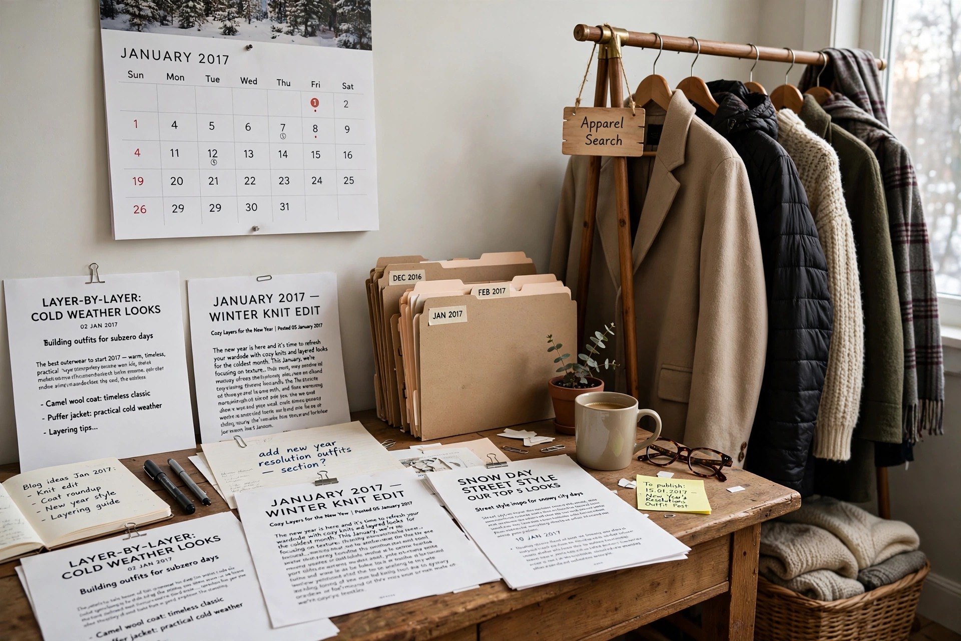 A fashion blog titles desk for January 2017 with printed blog post title pages, seasonal clothing and a January 2017 calendar, with Apparel Search wording in the scene