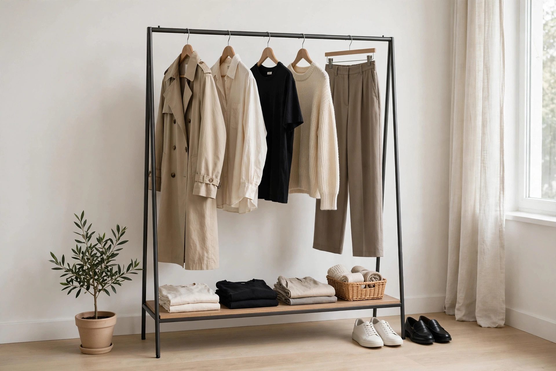 A curated clothing rack — the capsule wardrobe look