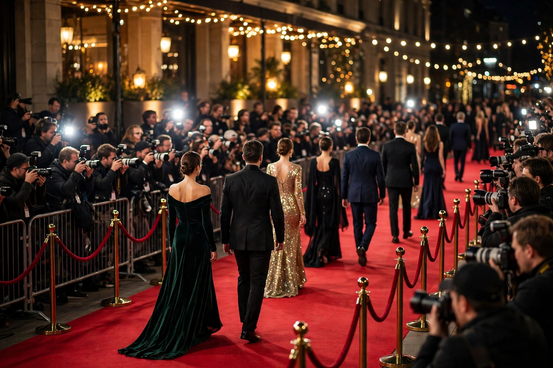 Guests in evening gowns and tuxedos arriving along a red carpet lined with photographers at a nighttime fashion event
