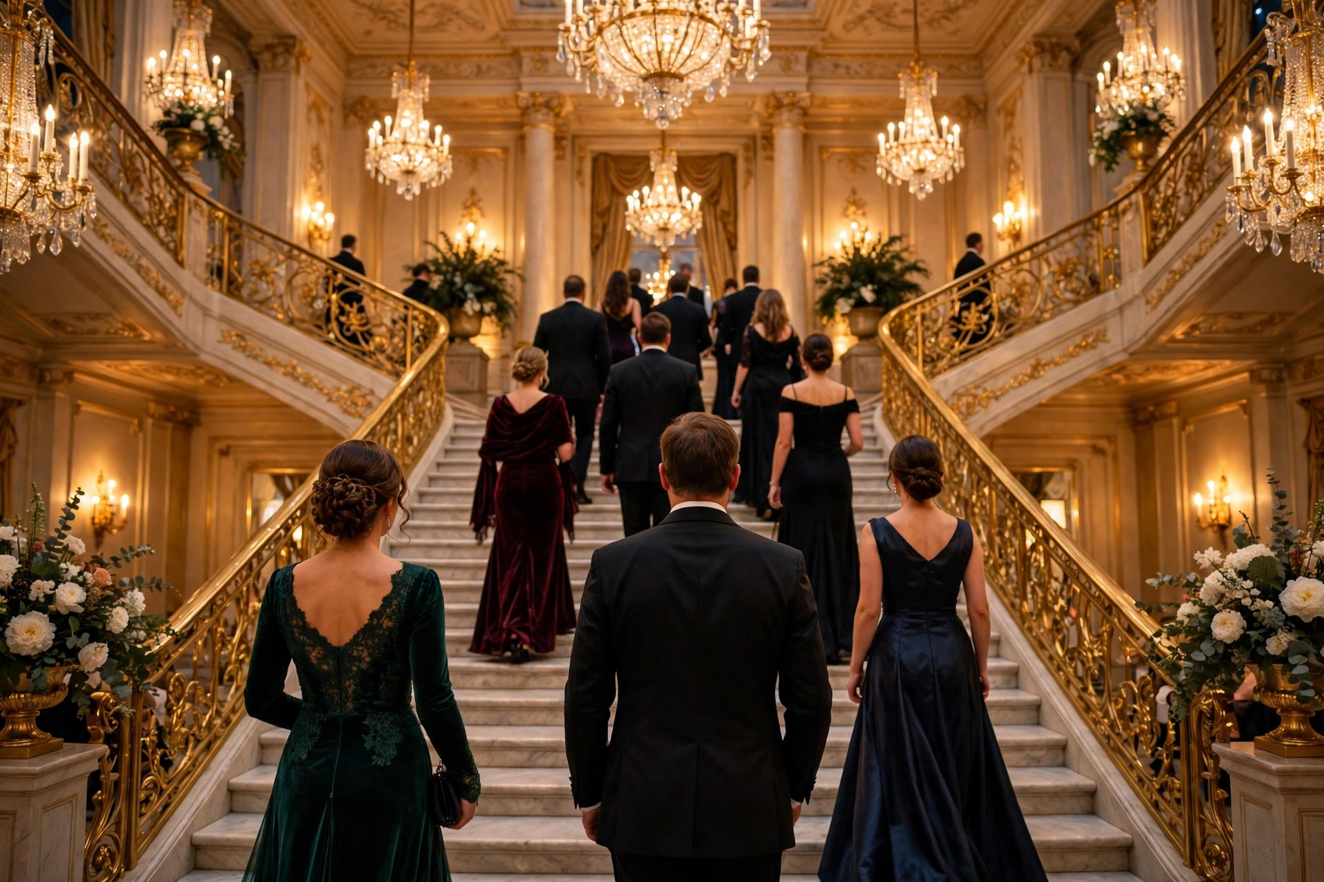 Guests in formal eveningwear ascending a grand chandelier-lit staircase at an evening gala, seen from behind