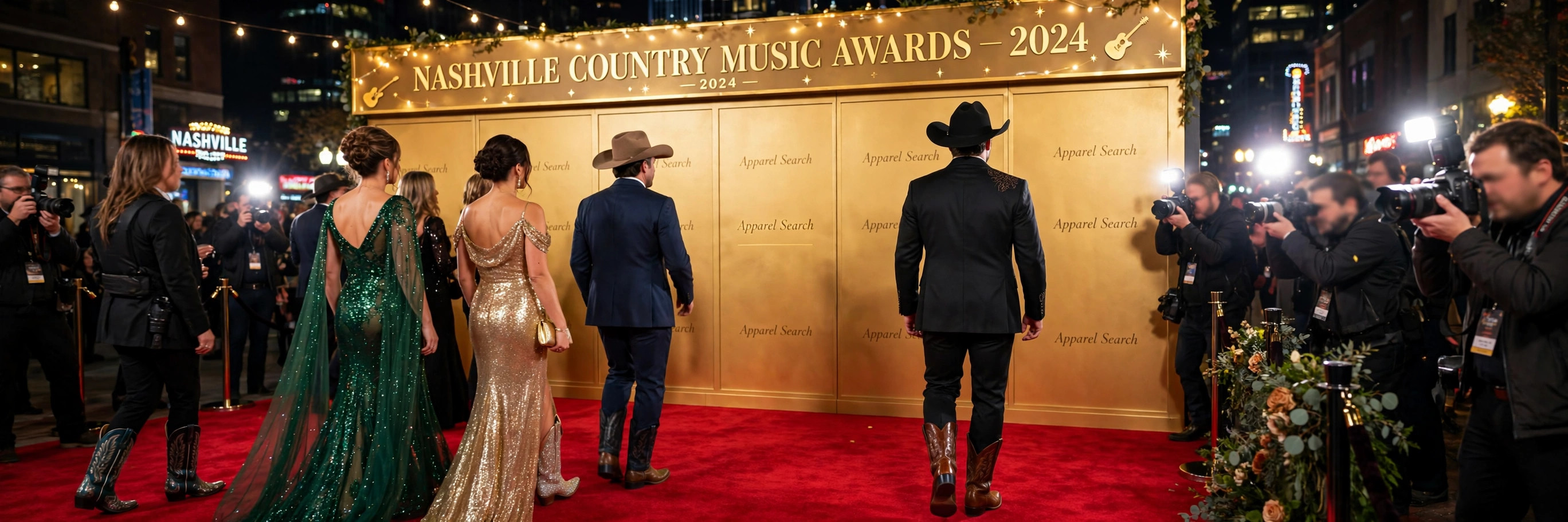 Guests arriving on a country music awards red carpet in Nashville — sparkling evening gowns, tailored suits, cowboy hats and polished boots in front of a golden awards backdrop