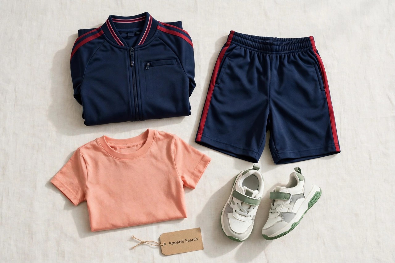 A flat lay of children's sport clothing products only - a folded kids tracksuit top beside shorts, a t-shirt and small sneakers arranged neatly with a small Apparel Search tag, product photography with no people, no children and no mannequins
