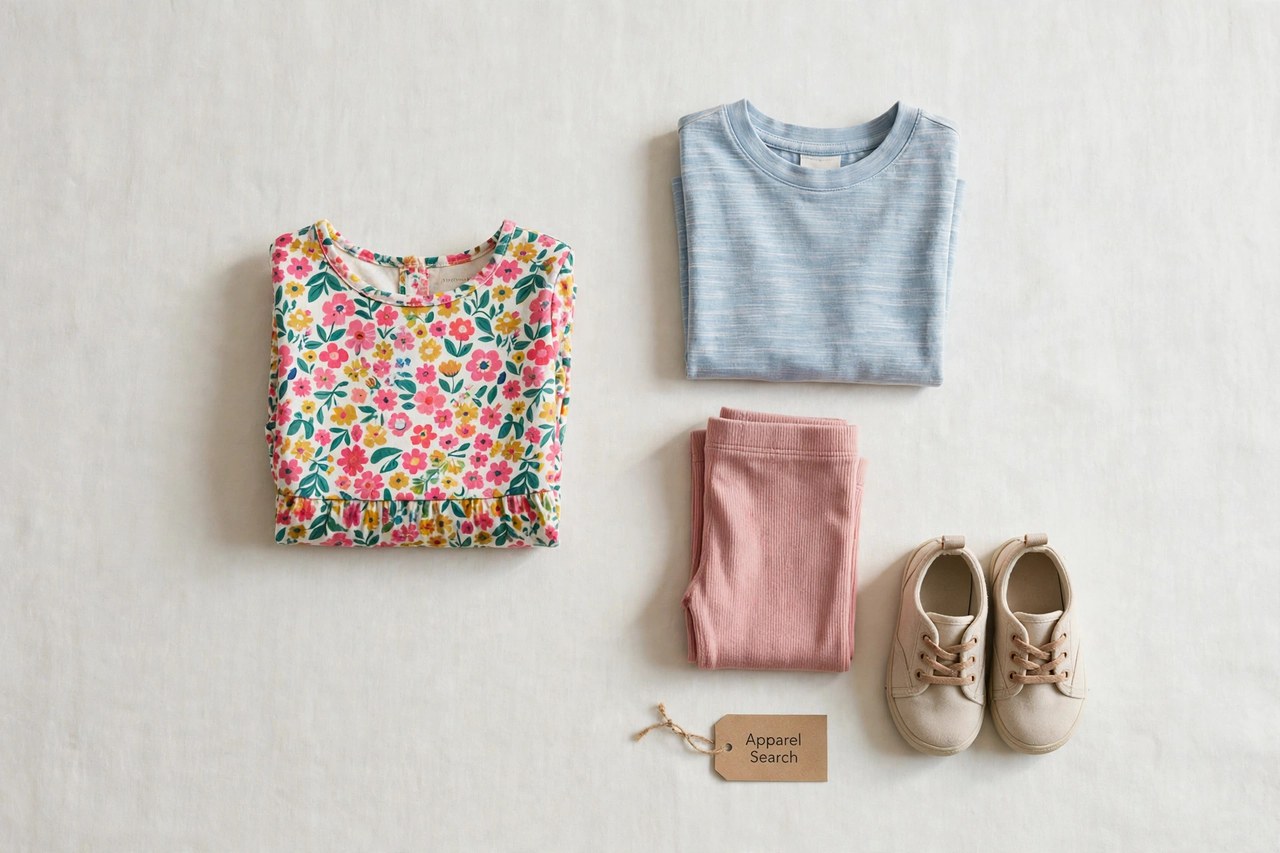 A flat lay of children's clothing products only - a folded brightly patterned kids dress beside a t-shirt, leggings and small shoes arranged neatly with a small Apparel Search tag, product photography with no people, no children and no mannequins