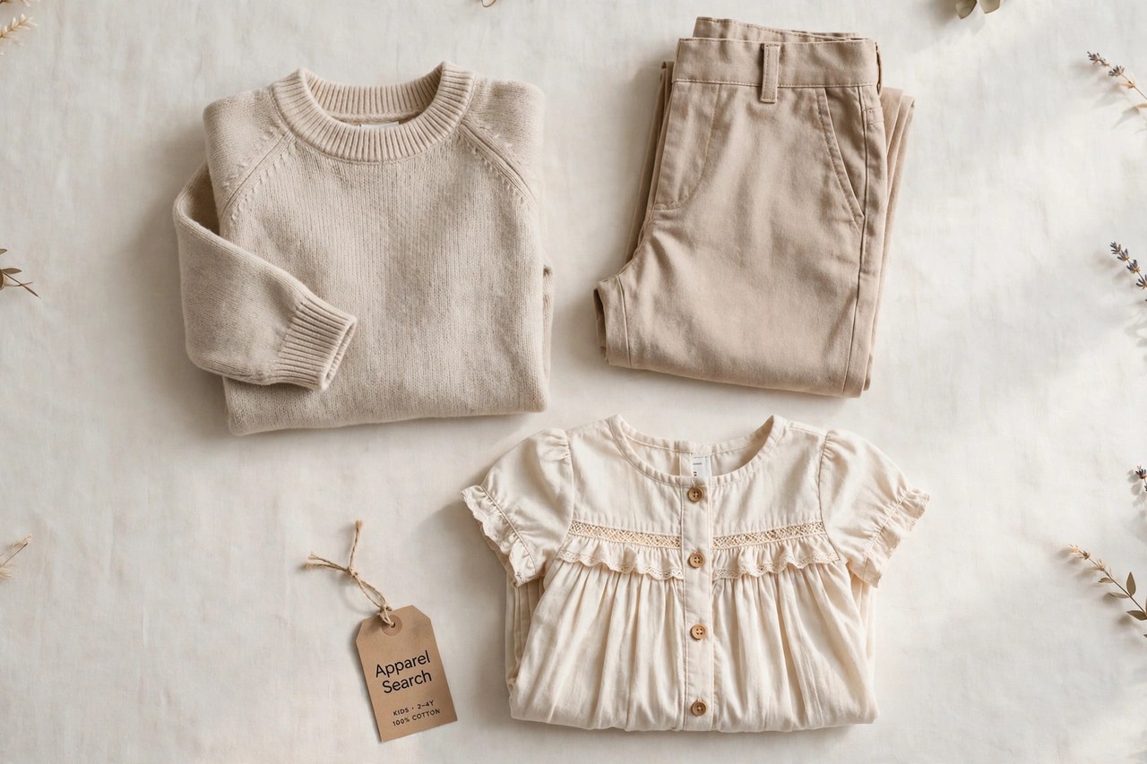 A flat lay of children's clothing products only - folded minimalist kids garments in soft neutral tones, a small sweater beside trousers and a simple dress arranged neatly with a small Apparel Search tag, product photography with no people, no children and no mannequins