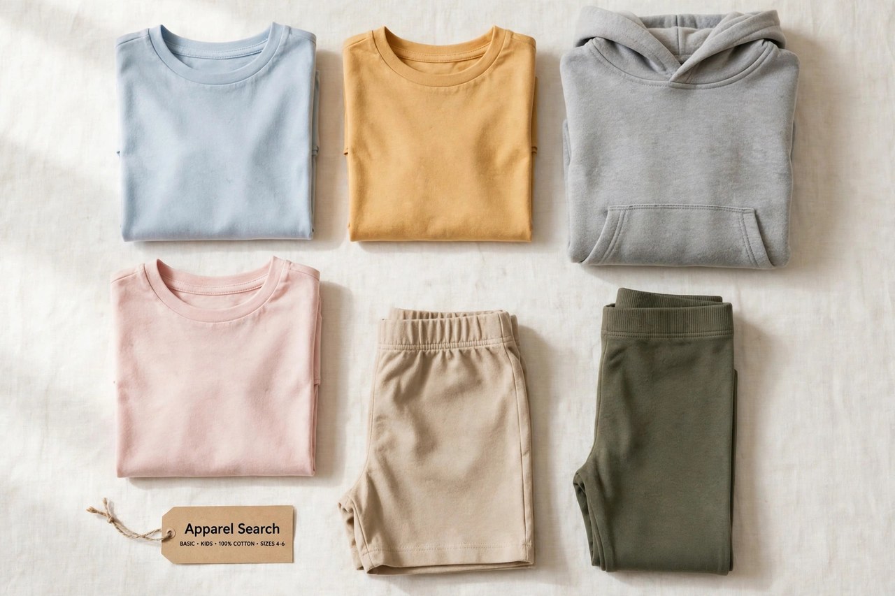 A flat lay of children's basic clothing products only - folded kids t-shirts and a hoodie beside leggings and simple shorts in plain colours arranged neatly with a small Apparel Search tag, product photography with no people, no children and no mannequins