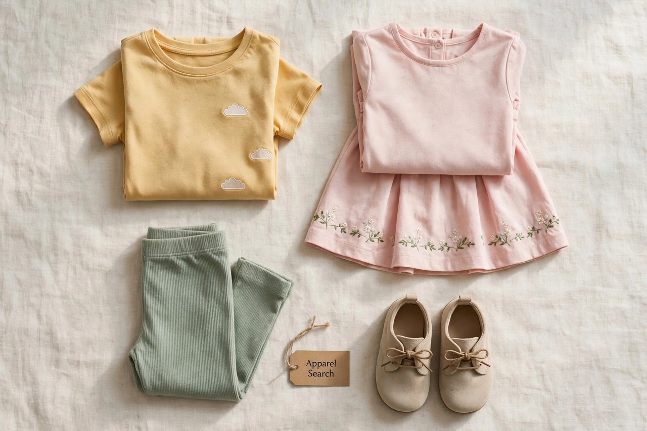 A flat lay of children's clothing products only - a folded kids top beside a simple dress, leggings and small shoes arranged neatly with a small Apparel Search tag, product photography with no people, no children and no mannequins