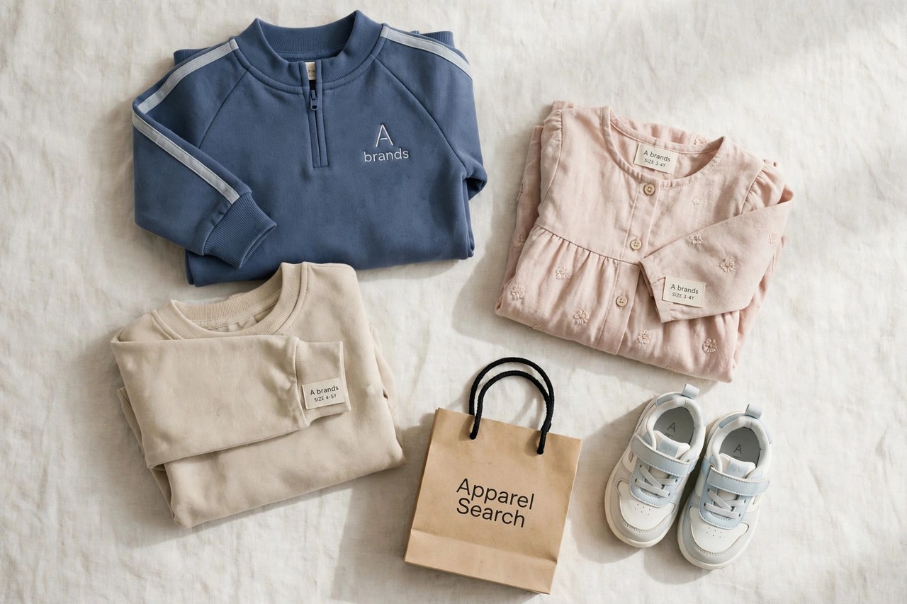 A flat lay of children's clothing from the A brands as products only - folded kids garments, a tracksuit top, a small dress and tiny sneakers arranged together with a small Apparel Search shopping bag, product photography with no people, no children and no mannequins
