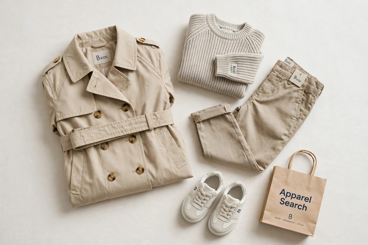 A flat lay of children's clothing from the B brands as products only - a folded kids trench-style coat beside a small sweater, trousers and tiny shoes arranged together with a small Apparel Search shopping bag, product photography with no people, no children and no mannequins