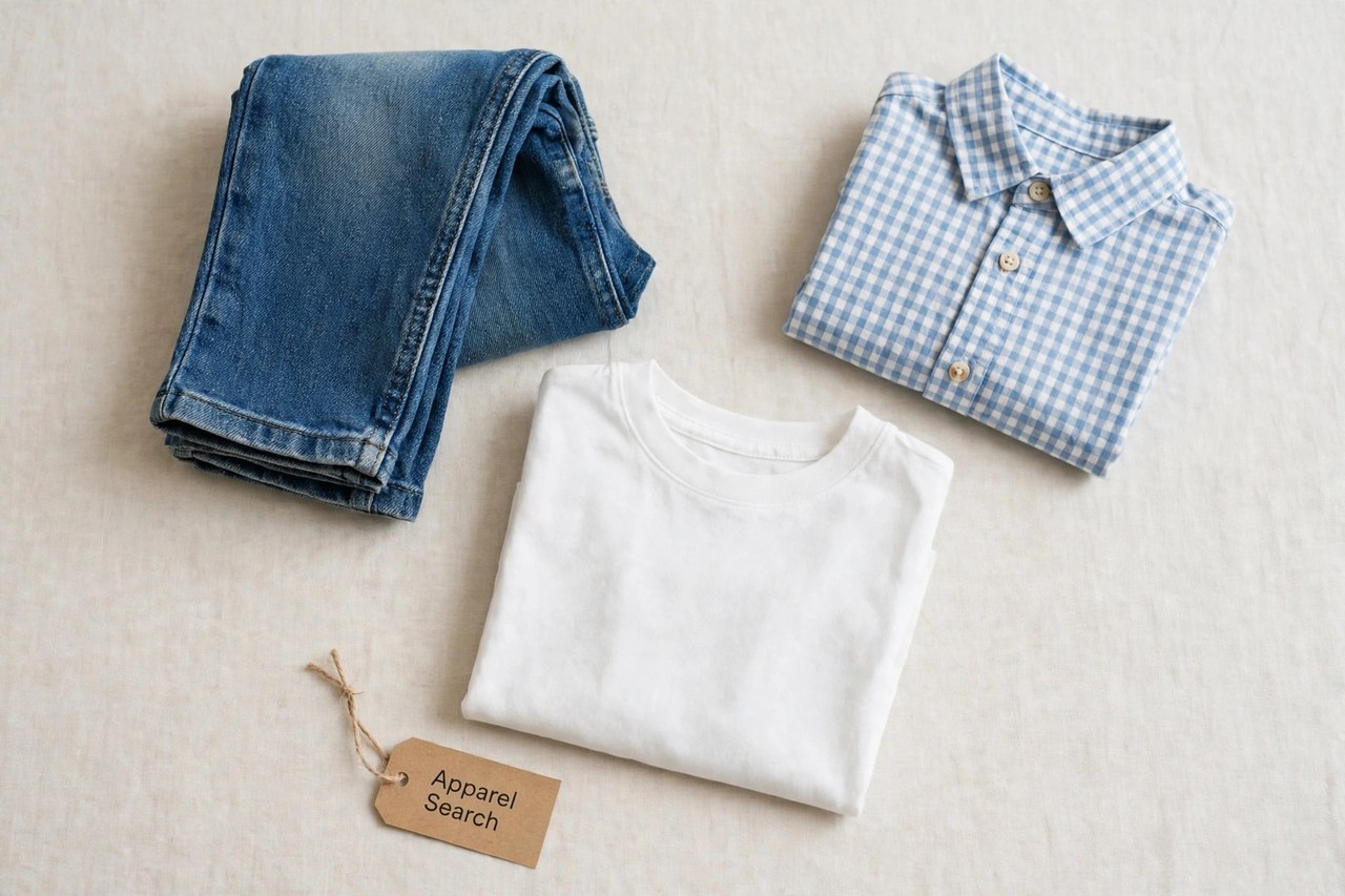 A flat lay of children's clothing products only - folded kids jeans, a plain t-shirt and a small shirt arranged neatly with a small Apparel Search tag, product photography with no people, no children and no mannequins