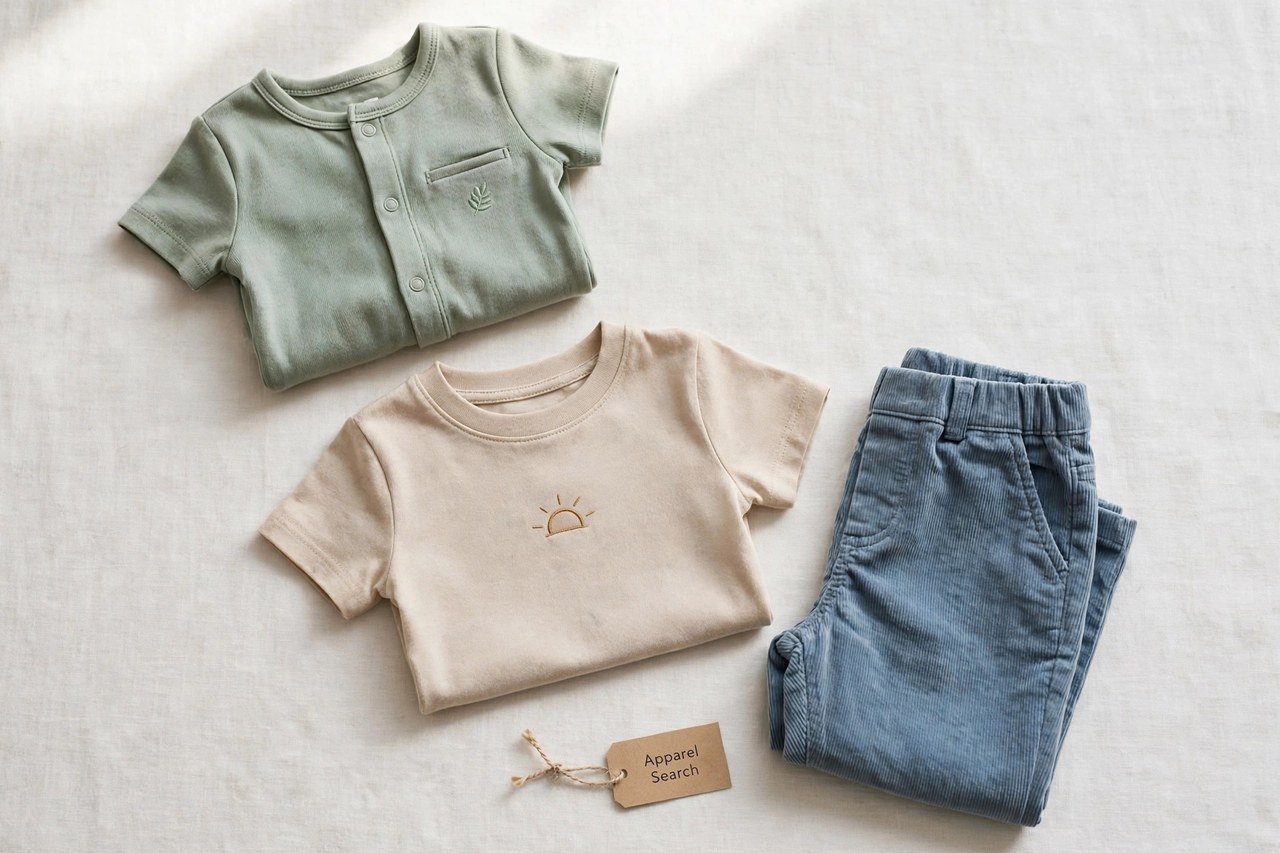 A flat lay of children's clothing products only - folded baby and toddler garments, a small romper, t-shirt and trousers arranged neatly with a small Apparel Search tag, product photography with no people, no children and no mannequins