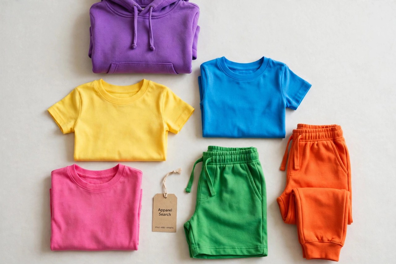 A flat lay of children's athletic clothing products only - folded kids t-shirts, shorts, sweatpants and a hoodie in bright colours arranged neatly with a small Apparel Search tag, product photography with no people, no children and no mannequins