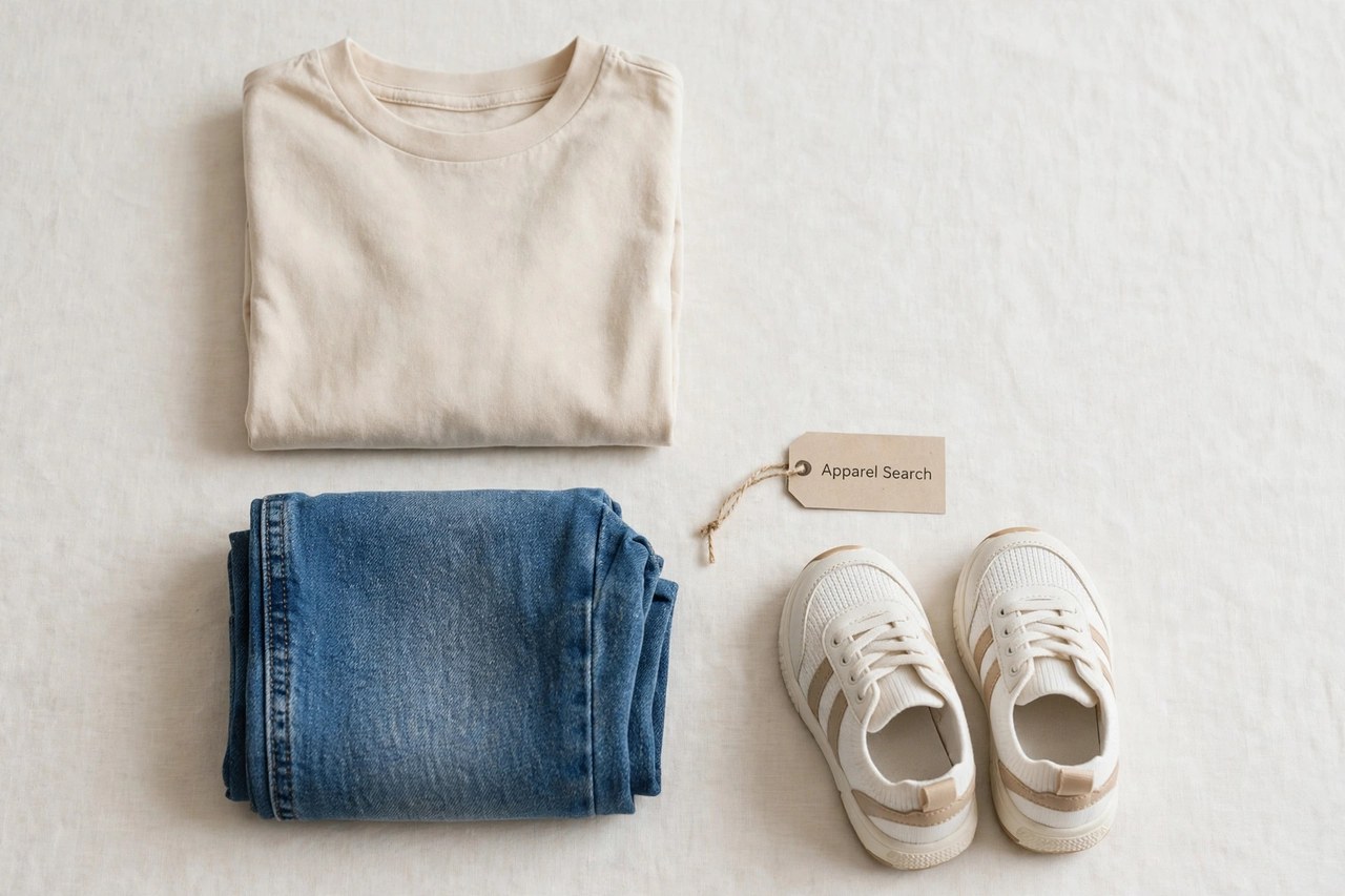 A flat lay of children's casual clothing products only - folded kids jeans, a plain casual shirt and small shoes arranged neatly with a small Apparel Search tag, product photography with no people, no children and no mannequins