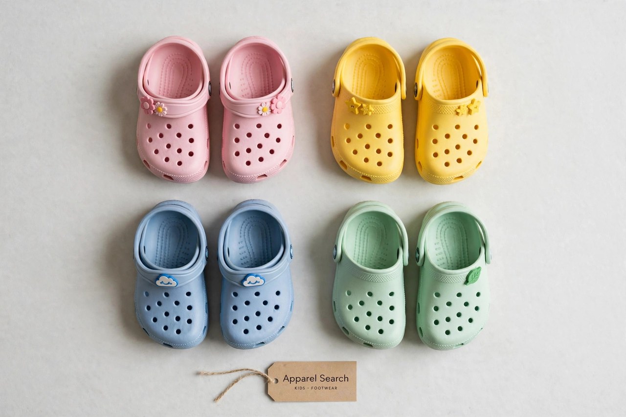A flat lay of children's footwear products only - pairs of small colourful clog-style shoes arranged neatly with a small Apparel Search tag, product photography with no people, no children and no mannequins