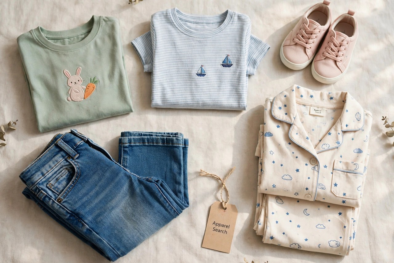 A flat lay of children's clothing products only - folded kids jeans, tops, pajama sets and small shoes arranged neatly with a small Apparel Search tag, product photography with no people, no children and no mannequins