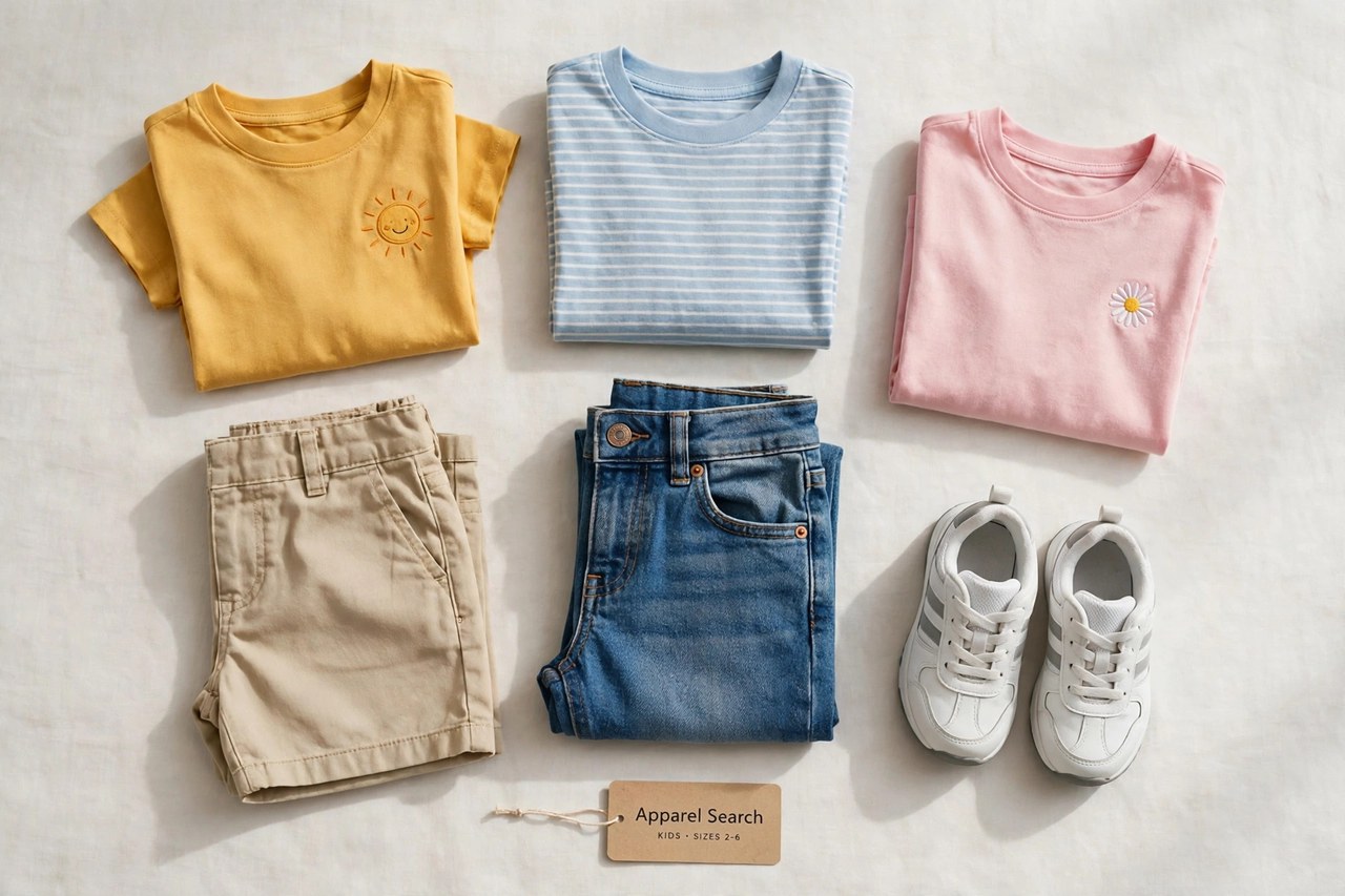 A flat lay of children's clothing products only - folded kids t-shirts, shorts, jeans and small sneakers arranged neatly with a small Apparel Search tag, product photography with no people, no children and no mannequins