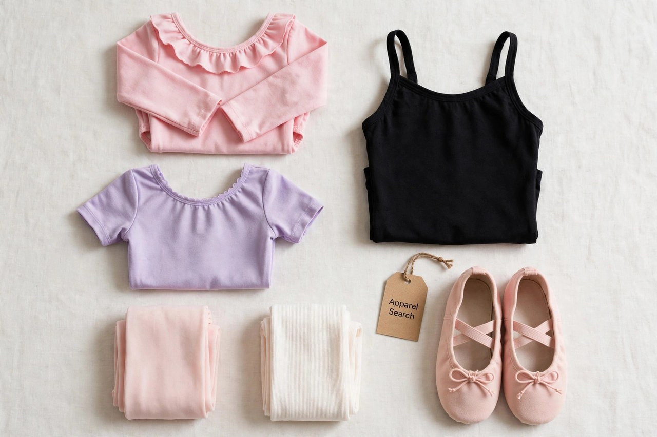 A flat lay of children's dance products only - small leotards, folded dance tights and soft ballet shoes laid flat with a small Apparel Search tag, product photography with no people, no children and no mannequins