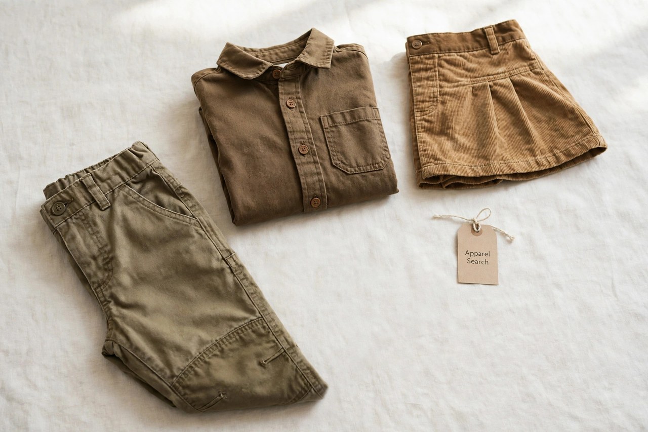 A flat lay of children's rugged clothing products only - folded kids trousers, a sturdy shirt and a small skirt arranged neatly with a small Apparel Search tag, product photography with no people, no children and no mannequins