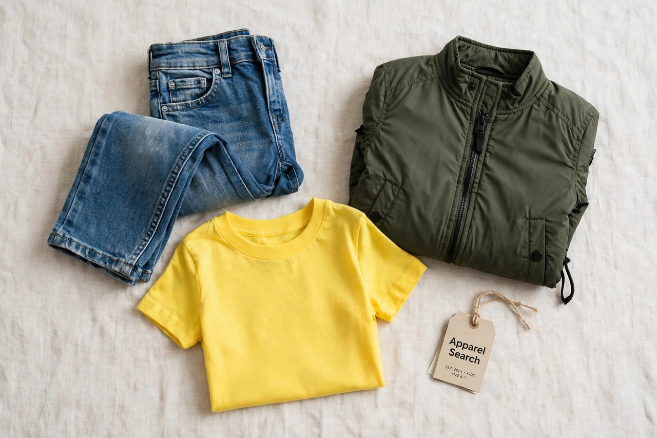 A flat lay of children's clothing products only - folded kids jeans, a bright t-shirt and a small jacket in a city style arranged neatly with a small Apparel Search tag, product photography with no people, no children and no mannequins