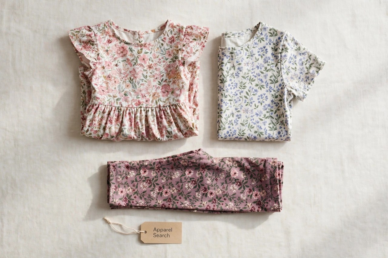 A flat lay of children's girls clothing products only - folded floral-print kids dresses, tops and leggings laid flat with a small Apparel Search tag, product photography with no people, no children and no mannequins
