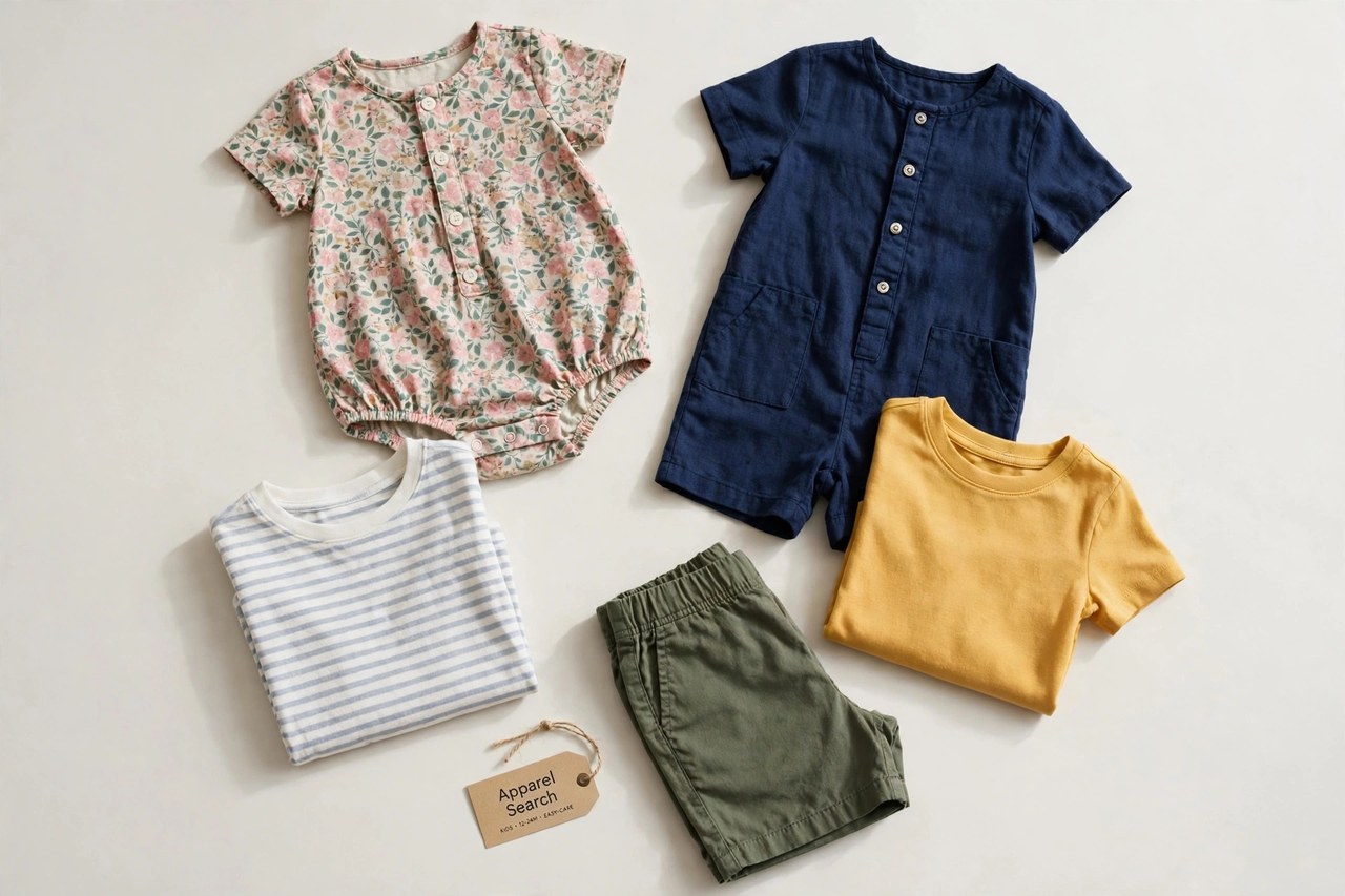 A flat lay of children's clothing products only - folded casual kids clothes, rompers and easy-care tops for young children laid flat with a small Apparel Search tag, product photography with no people, no children and no mannequins