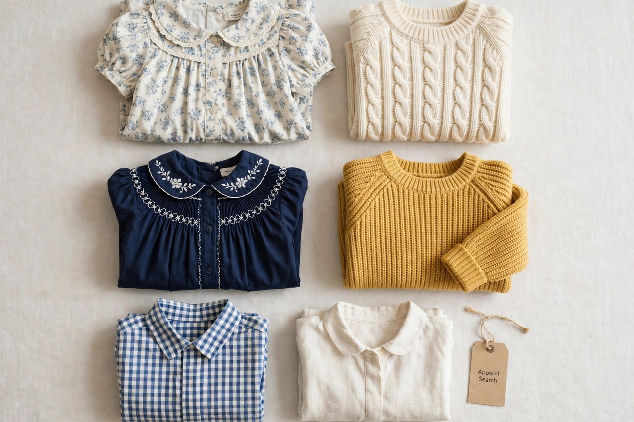 A flat lay of children's clothing products only - folded classic kids dresses, sweaters and tops in traditional styling laid flat with a small Apparel Search tag, product photography with no people, no children and no mannequins