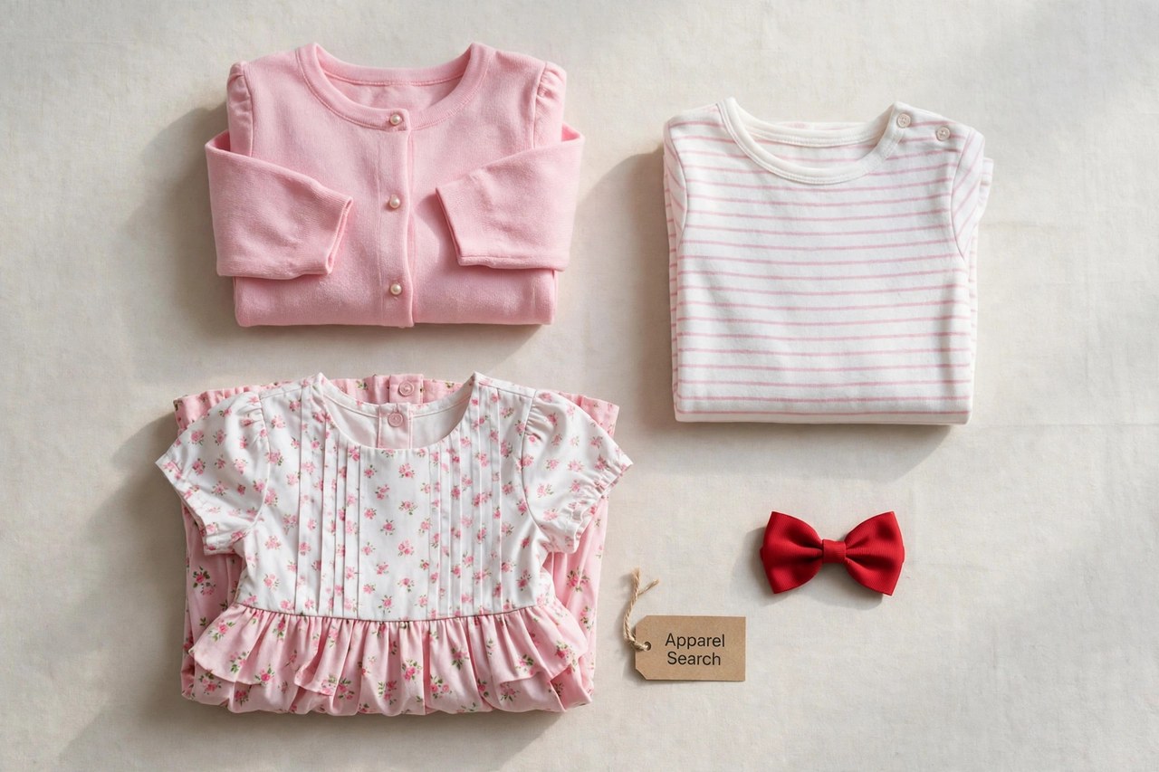 A flat lay of children's clothing products only - folded pink and white kids tops, a dress and a small red bow accessory laid flat with a small Apparel Search tag, product photography with no people, no children and no mannequins