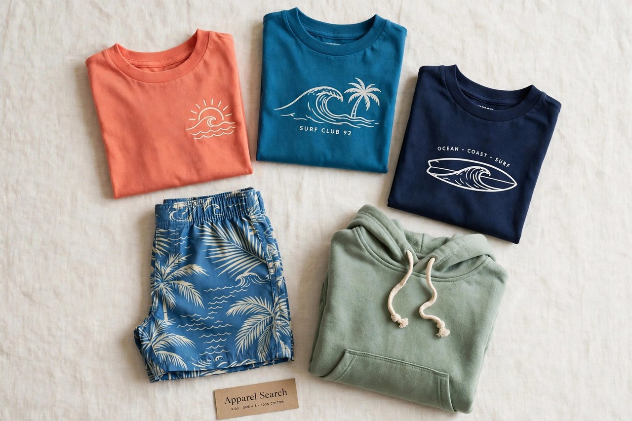 A flat lay of children's clothing products only - folded kids surf-style t-shirts, board shorts and a hoodie laid flat with a small Apparel Search tag, product photography with no people, no children and no mannequins