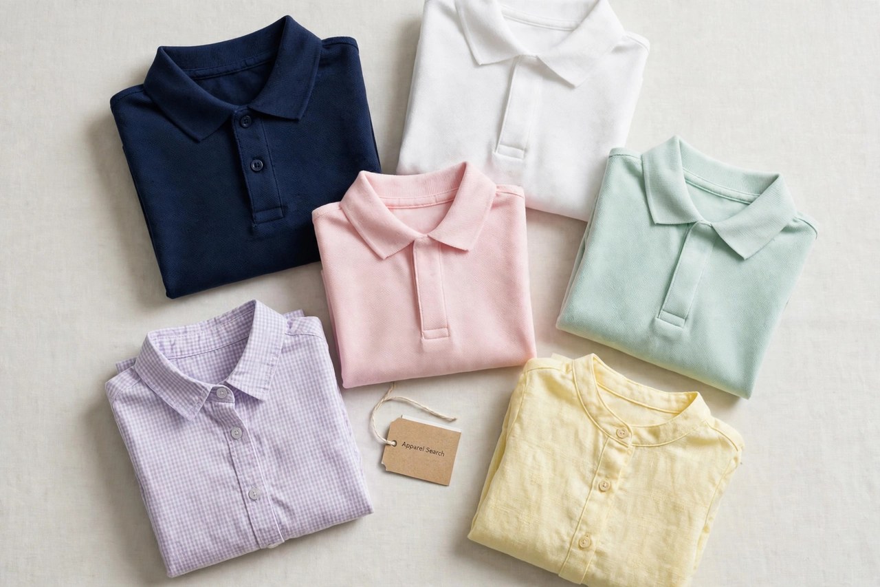 A flat lay of children's clothing products only - folded kids pique polo shirts and dressy-casual tops in navy, white and pastel colours laid flat with a small Apparel Search tag, product photography with no people, no children and no mannequins
