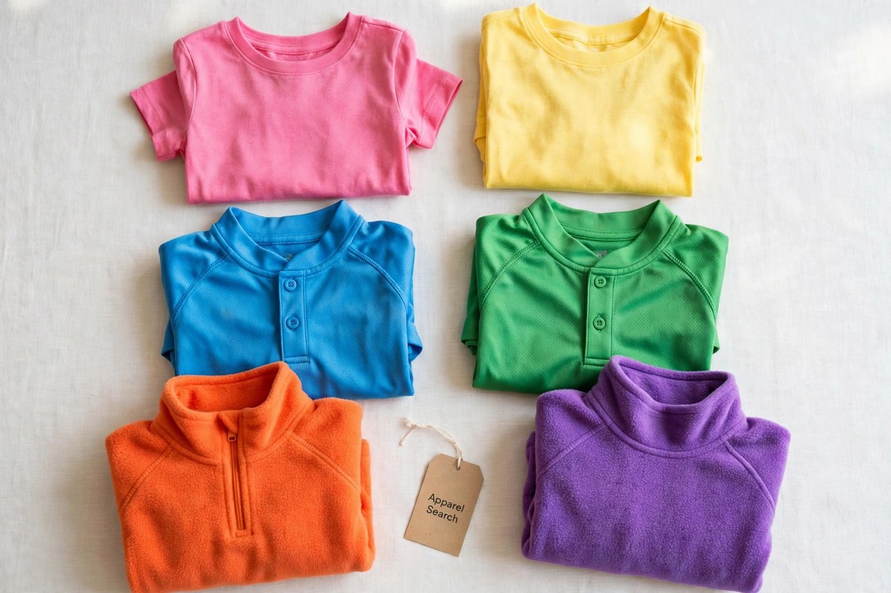 A flat lay of children's clothing products only - folded kids t-shirts, sport shirts and fleece tops in bright colours laid flat with a small Apparel Search tag, product photography with no people, no children and no mannequins
